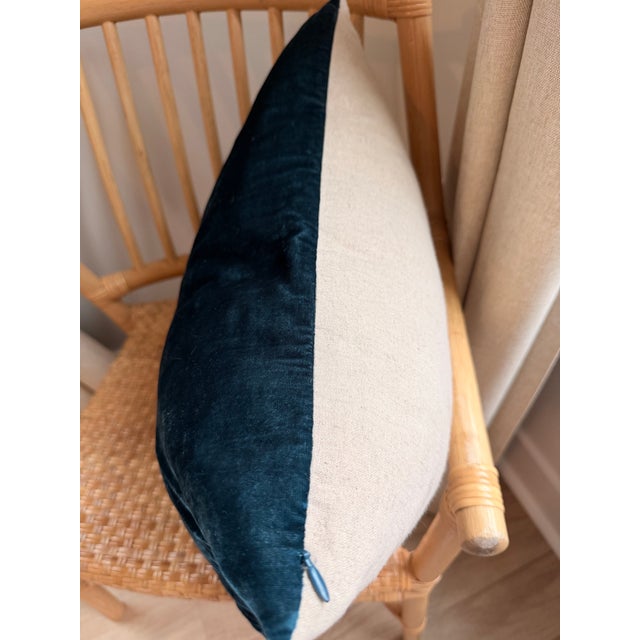 Deep Teal Velvet/Linen Flax Throw Pillow With Plush Full Insert 20” X 18” Rectangular Accent For Sale - Image 4 of 7