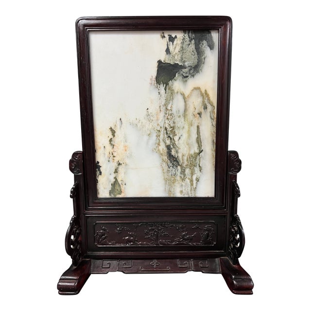 Late 20th Century Chinese Art Hardwood and Marble Dream Stone Mini Table Screen For Sale