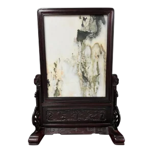 Late 20th Century Chinese Art Hardwood and Marble Dream Stone Mini Table Screen