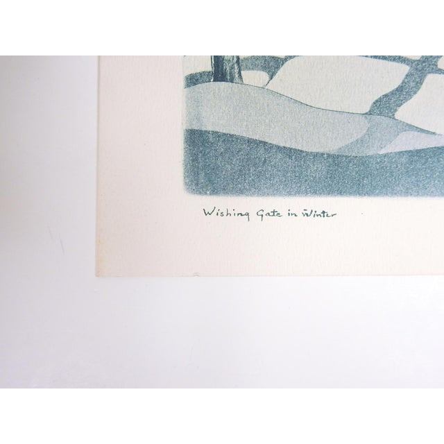 Mid 20th century half tone teal print on textured paper of cabin in snow by George Joseph Mess (1898 - 1962) Indiana,...