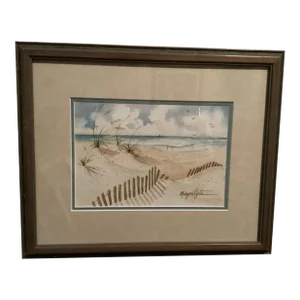 Original Watercolor Beach, Seascape, Signed by Artist Margaret Yates, Framed, Double Matted