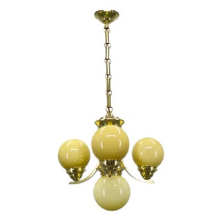 Art Deco Brass and Opaline Glass Chandelier, 1930s For Sale
