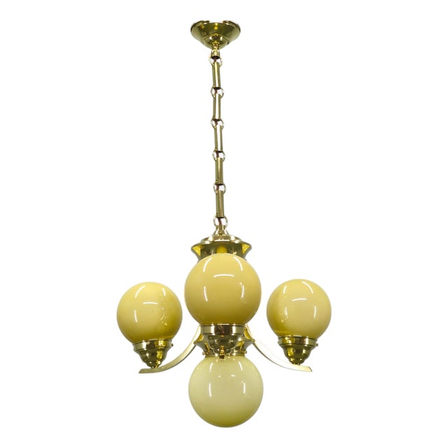Art Deco Brass and Opaline Glass Chandelier, 1930s For Sale