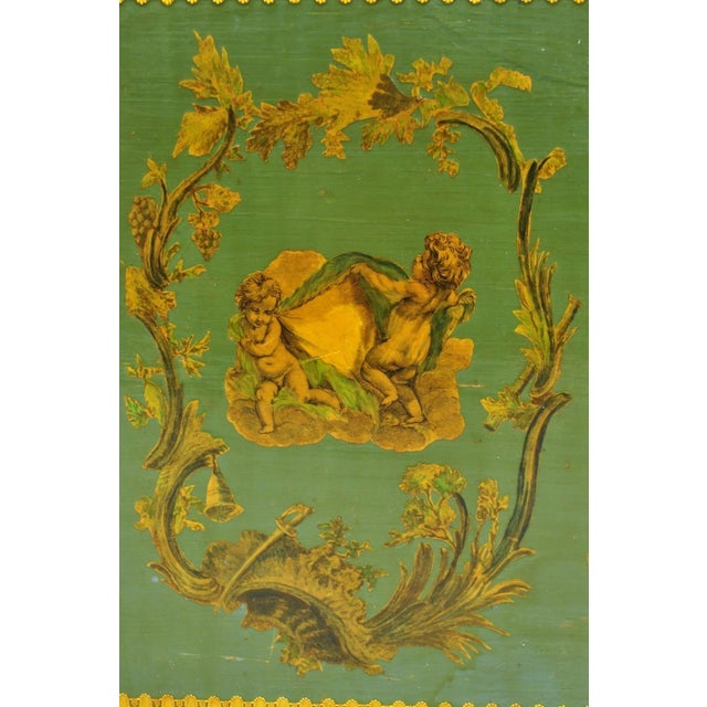 Vintage Italian Venetian Decoupage Green Gold Papier Mache Wastebasket Trash Can For Sale - Image 4 of 18