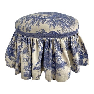 Vintage Petite Footstool Stool With Blue Toile Fabric For Sale