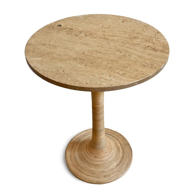 Round Travertine & Cane Contemporary Coastal Side Table For Sale In Los Angeles - Image 6 of 7