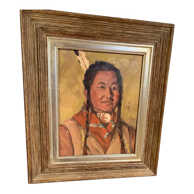 1990s American Portrait of Indian Oil Painting of Native American Man Wearing Necklace Unsigned - Style After Nicolai Fechin and Robert Henri For Sale