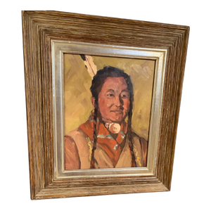 1990s American Portrait of Indian Oil Painting of Native American Man Wearing Necklace Unsigned - Style After Nicolai Fechin and Robert Henri