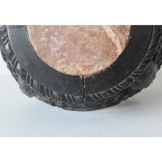 Asian Carved Rosewood Style Wood Stool Plant Stand With Inset Marble Top Vintage Mid-Century For Sale - Image 16 of 17