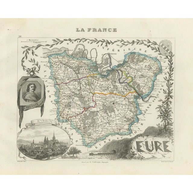 Map of Eure in France with Evreux, Poussin and Normandy Countryside, 19th Century For Sale - Image 9 of 10