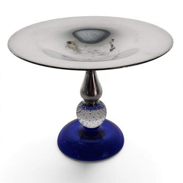 Pairpoint Glassworks Pairpoint Epns Cobalt Art Glass Tazza With Controlled Bubble Knop For Sale - Image 4 of 13