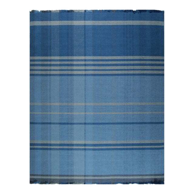 8x10 Maya Opulent Blue Kilim Geometric Plaid Modern Flatweave Wool Carpet Rug For Sale