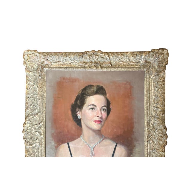 A stunning, Mid Century society oil portrait. Features socialite, Doris Campbell in a black gown and adorned with...