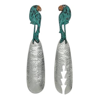 1980s Rare Emilia Castillo Taxco Parrot Silverplate & Verdigris Serving Utensils For Sale