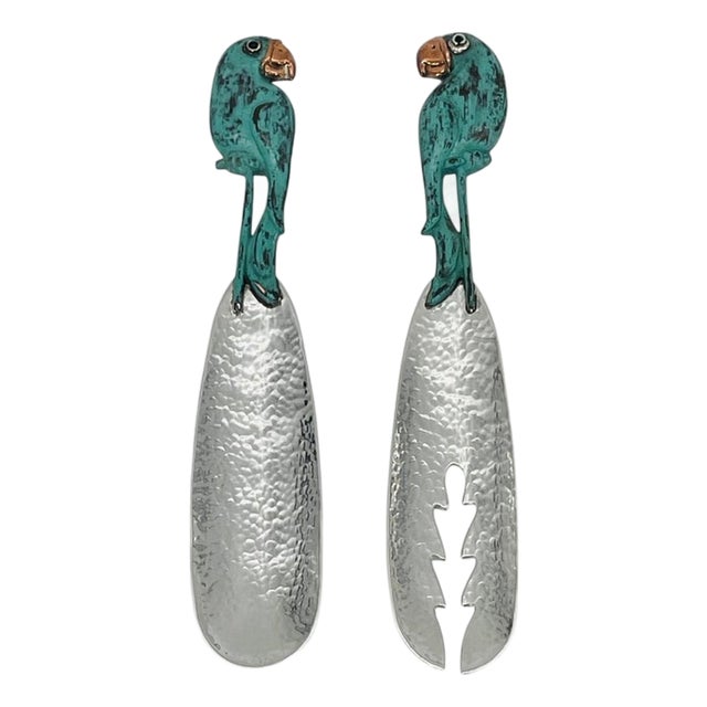 1980s Rare Emilia Castillo Taxco Parrot Silverplate & Verdigris Serving Utensils For Sale