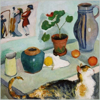 1910 Vintage Cat Still Life Art Print by August Macke, Feline Painting Wall Art - 12" X 12" For Sale