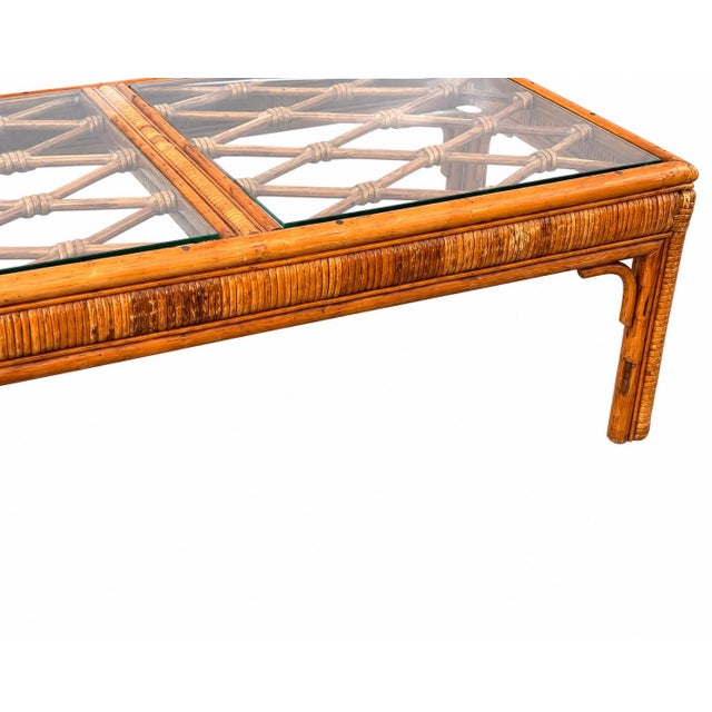 1970s Vintage Split Bamboo & Rattan Glass Top Coffee Table | Coastal Hollywood Regency Woven Cane Style For Sale - Image 5 of 10