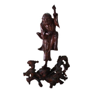 Chinese Carved Wood Folklore Figure With Wood Base 19thC - Set of 2 For Sale
