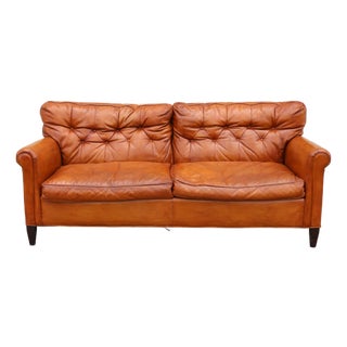 Vintage 1970s Honey Tan Leather Sofa | Tufted Feather Cushion Sofa, American Mid-Century Lounge Seating For Sale