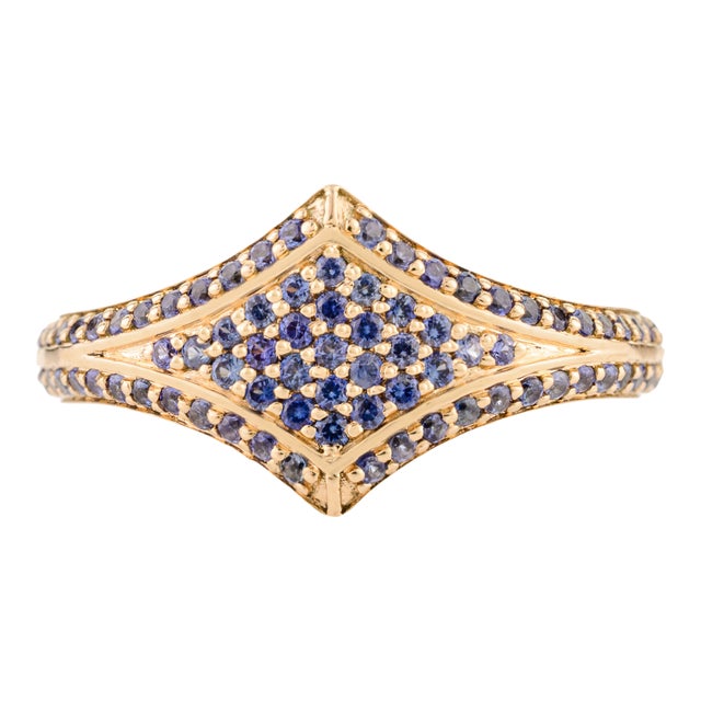 Unique Blue Sapphire Pave Set Statement Ring in 14k Solid Gold Size 7 For Sale