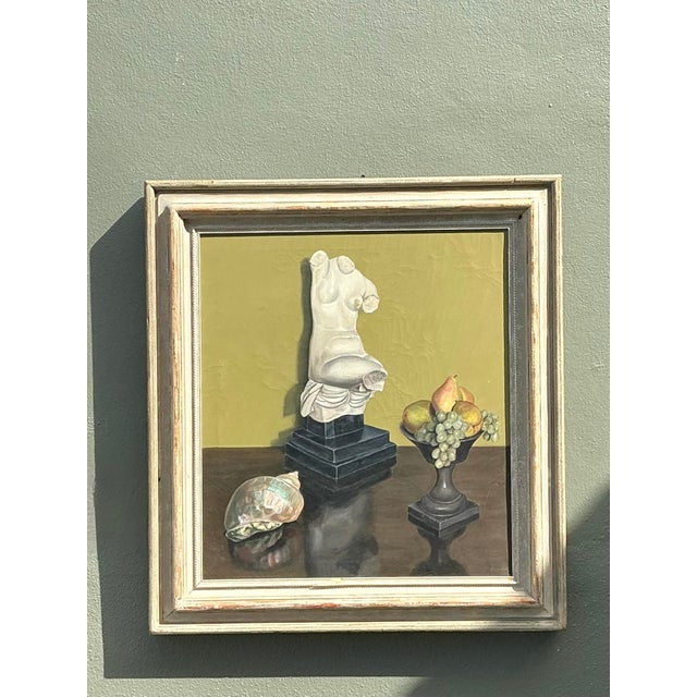 This sophisticated 1957 original oil painting is a masterful exploration of classical themes through a mid-century lens....