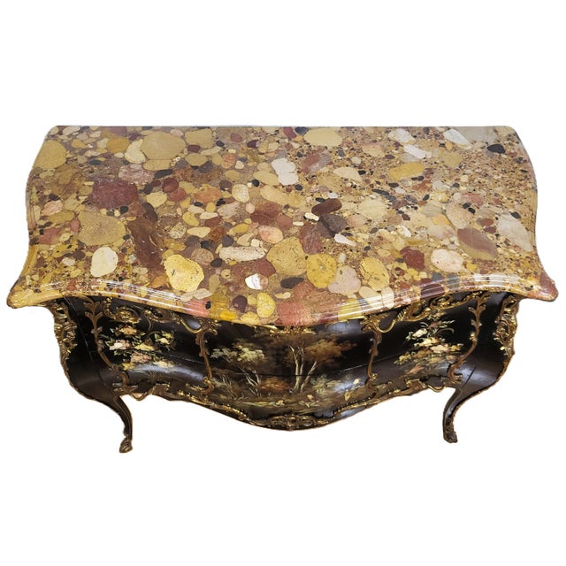 Mid 20th Century Vintage Louis XV Style Black Lacquered & Painted Marble Top Bronze Mounted Commode For Sale - Image 5 of 18