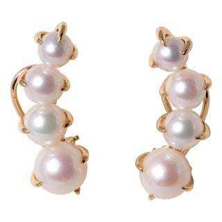 Vintage White Pearl Ear Climber Earrings 18k Yellow Gold, A Pair For Sale