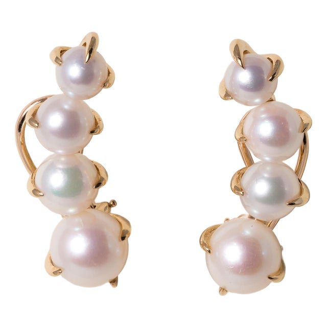 Vintage White Pearl Ear Climber Earrings 18k Yellow Gold, A Pair For Sale