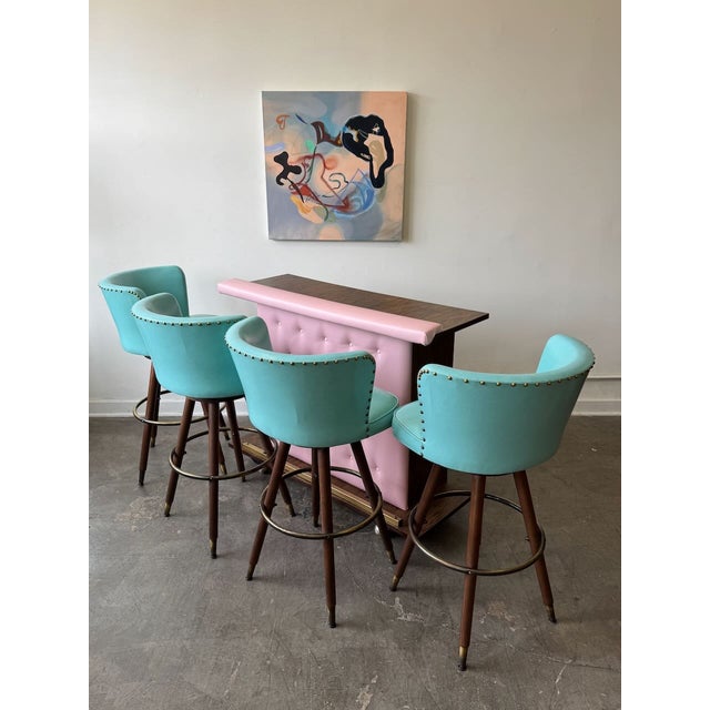 Vintage Pink Vinyl Bar & 4 Aqua Barstools Set For Sale - Image 10 of 18