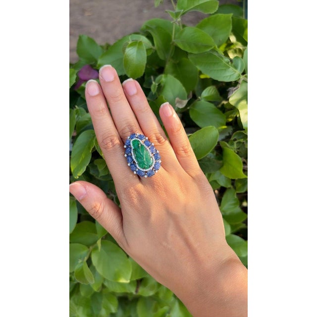 Metal Set in 18k Gold, Carved Zambian Emerald, Blue Sapphires & Diamonds Cocktail Ring, Size 6 For Sale - Image 7 of 9