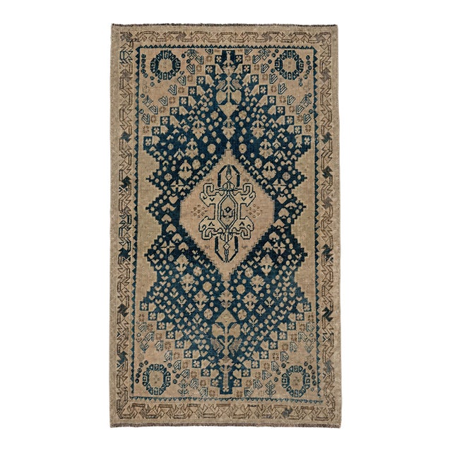 Antique Qashqai Rug | Ivory Field With Blue Geometric Medallion | 3x5 For Sale