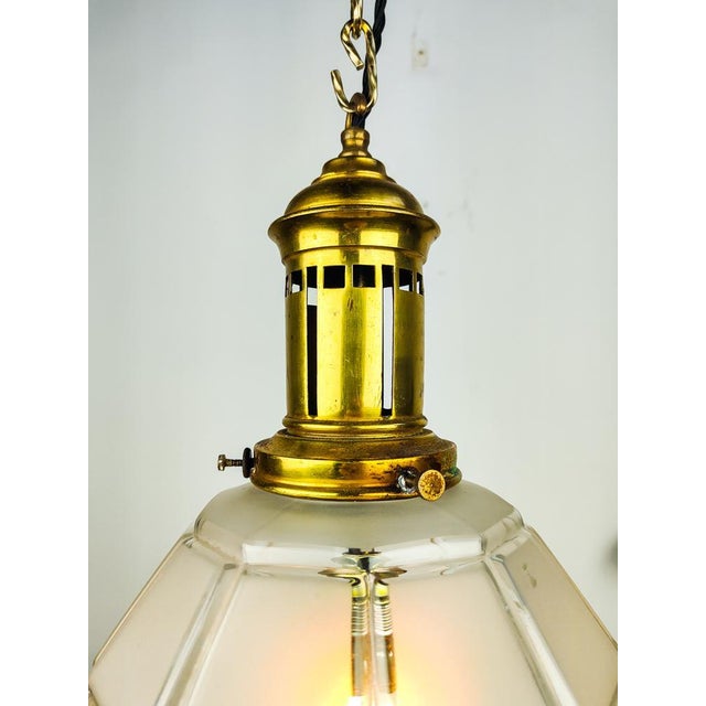 French Art Deco Facetted Brass and Etched Glass Globe Pendant For Sale - Image 3 of 6