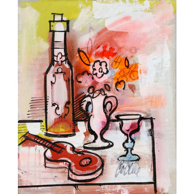 Mid-Century Modern Charles Cobelle, Still Life With Violin and Bottle , Acrylic on Canvas, Signed Lower Right For Sale - Image 3 of 3