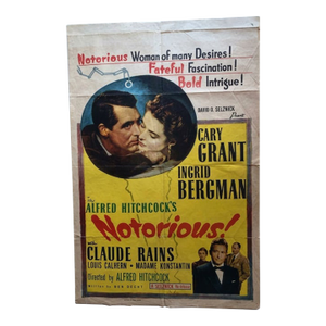 Original 1950s Alfred Hitchcock 'Notorious' Us One-Sheet Movie Poster