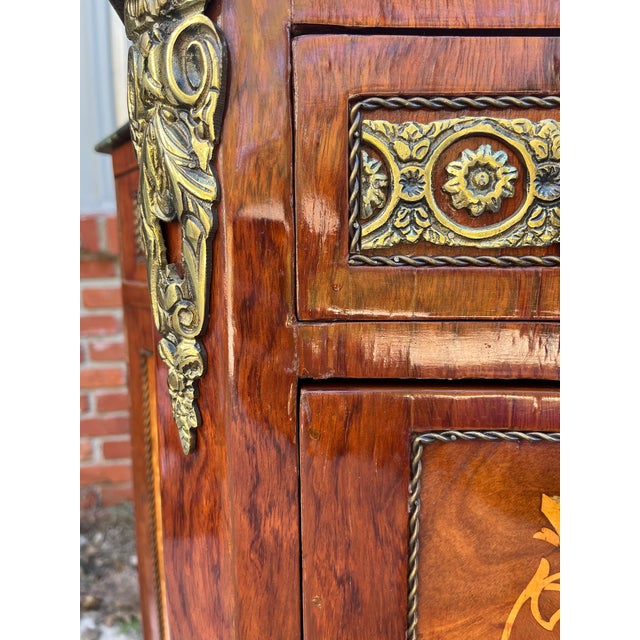Wood Louis XV Marquetry Cabinet Chest of Drawers With Brass Ormolu- Green Marble Top For Sale - Image 7 of 12