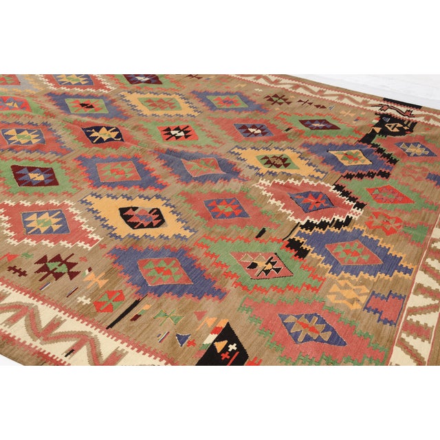 1960s Central Diamond Medallion Grid With Serrated Borders Kilim For Sale - Image 6 of 10
