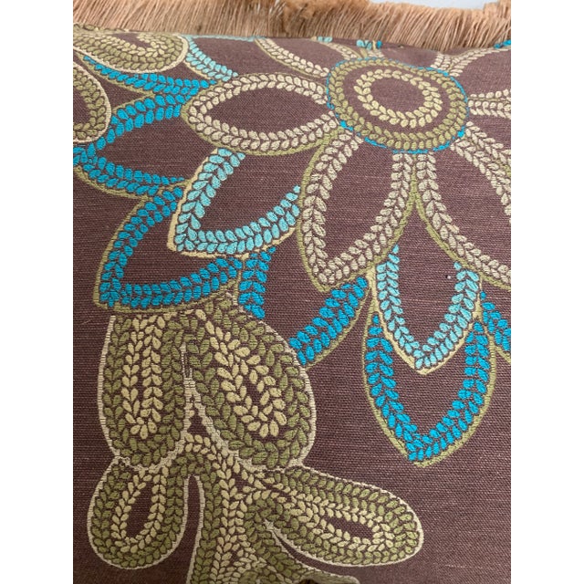 Shabby Chic Large Rectangular Brown and Turquoise Floral Pillow With Jute Raffia Fringe For Sale - Image 3 of 6