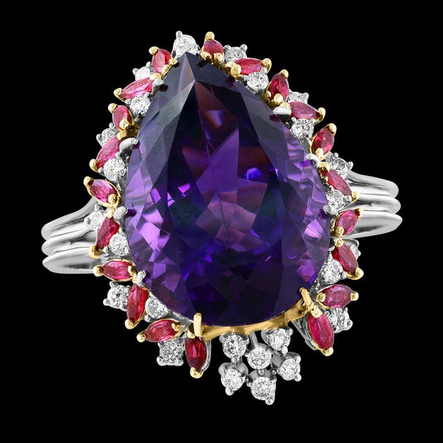 32X23 MM PEAR Amethyst , Diamond & Ruby 14 Kt Yellow Gold Cocktail Ring, 1960's For Sale - Image 11 of 18