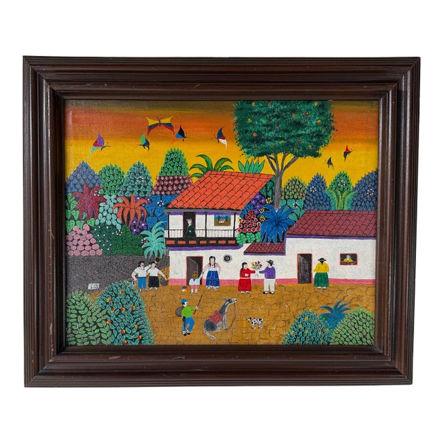 2003 Jadiro Colorful Latin American Folk Art Oil on Canvas Painting – Framed For Sale