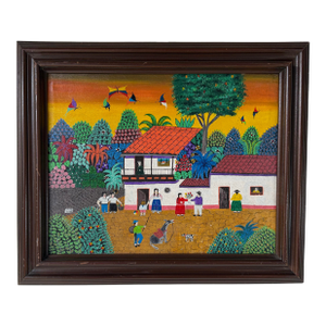 2003 Jadiro Colorful Latin American Folk Art Oil on Canvas Painting – Framed