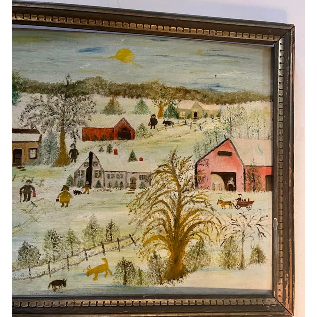 Folk Art Vintage Folk Art Village Farm Landscape Acrylic on Canvas Board For Sale - Image 3 of 4