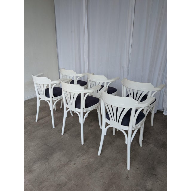 Vintage White Bentwood Dining Chairs with Blue Fabric Seats, 1970s, Set of 6 For Sale - Image 18 of 18