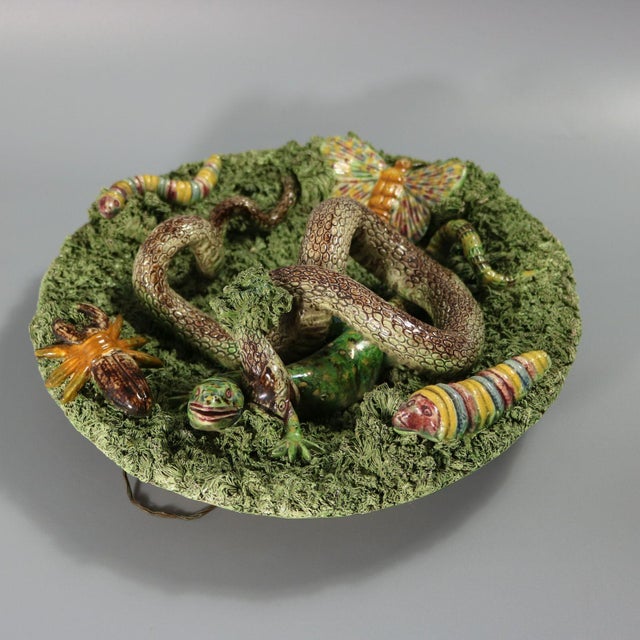 Cunha Palissy Majolica Snake and Lizard Wall Plate For Sale - Image 6 of 12