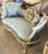 Lovely two person settee fully refinished in gold leaf and high end sky blue damask fabric. This is a beautiful settee...