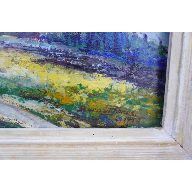 Wood Janós Bernát Industrial California Landscape, Los Angeles Oil Wells 1950 Oil on Board Painting, Framed For Sale - Image 7 of 10