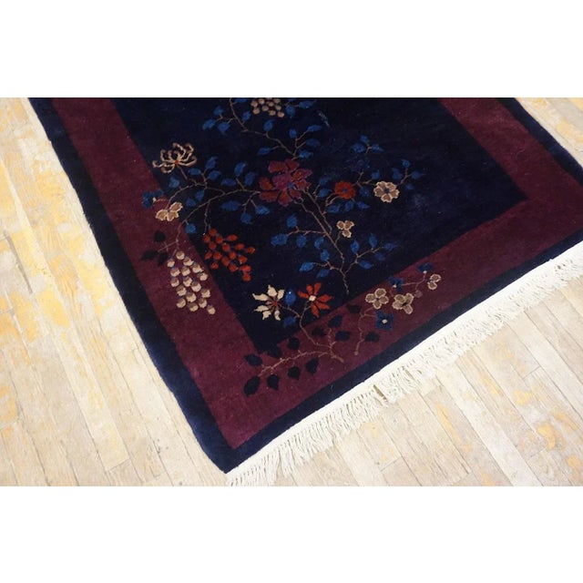 1920s 1920s Blue Navy Floral Bird Antique Chinese Art Deco Carpet 4'1" X 6'8" Knotted Wool Rug For Sale - Image 5 of 11