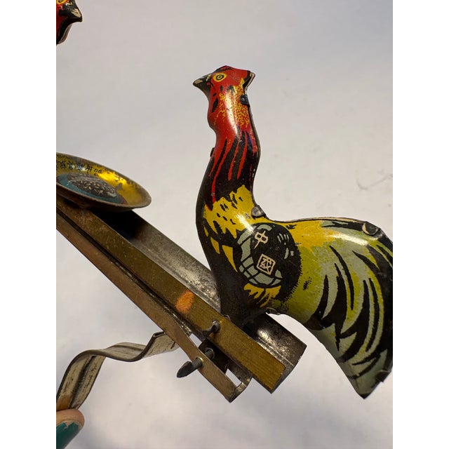 Chinese Mid 20th Century Lithographed Tin "Pecking Roosters" Mechanical Pendulum Toy For Sale - Image 3 of 10