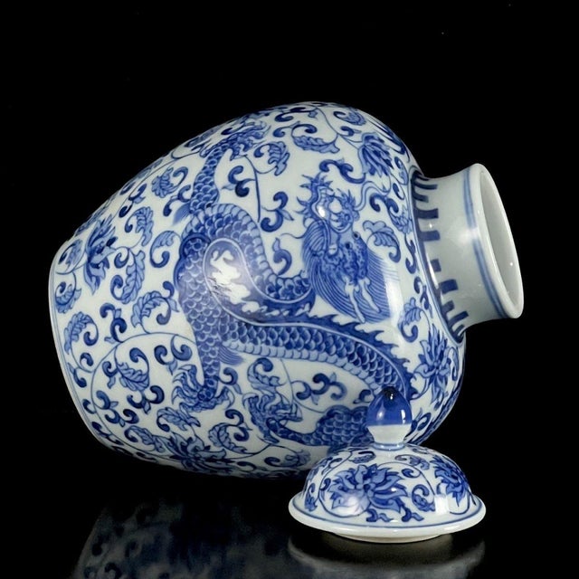 Ceramic Vintage Blue & White Porcelain Lidded Jar With Dragon & Floral Motif For Sale - Image 7 of 9