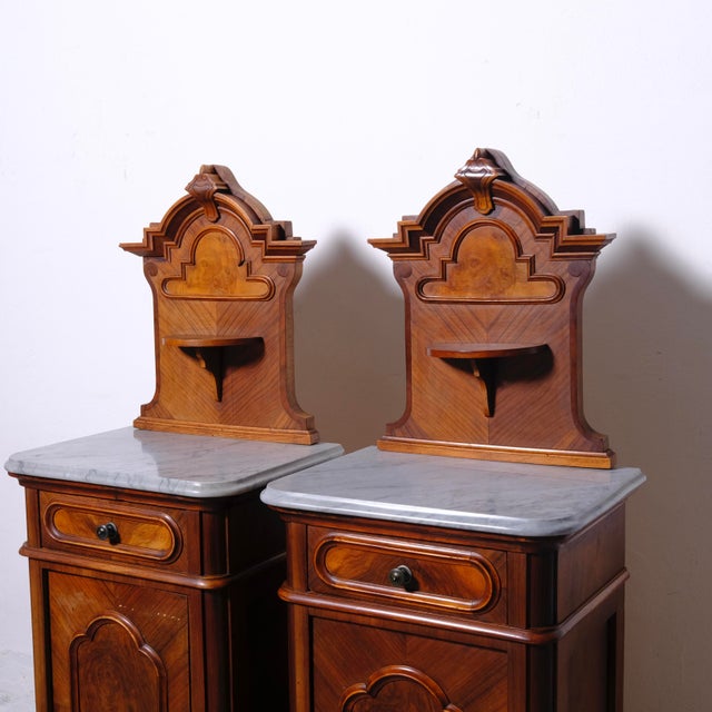 Antique Bedside Tables with Marble Backsplashes and Bases, Late 19th Century, Set of 2 For Sale - Image 18 of 18
