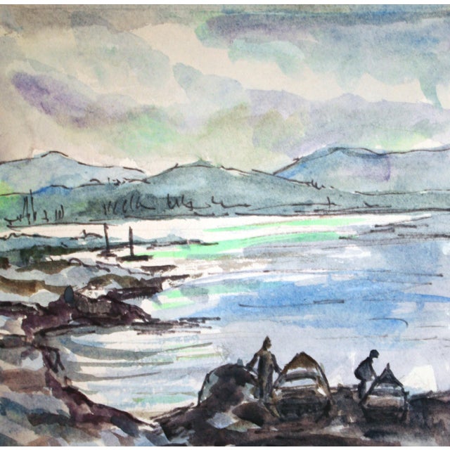Beautiful mid-century small-scale watercolor landscape of Indigenous Alaskan fishermen with their boats on the shore by...